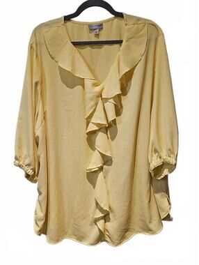 Catherines PLUS 3X 26W 28W Yellow Polyester Pullover Long Slv Shirt Blouse Top